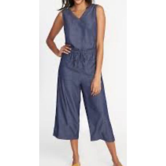 Old Navy Pants - Women's Old Navy Blue Cotton Jumpsuit with drawstring wide leg Size Small